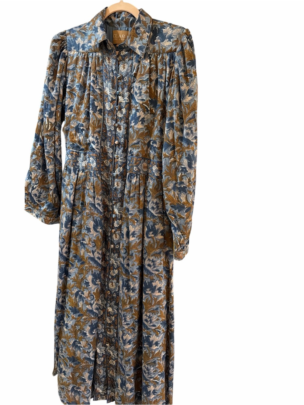 Vintage-Inspired Floral Maxi Shirt Dress in Blue and Brown size small.